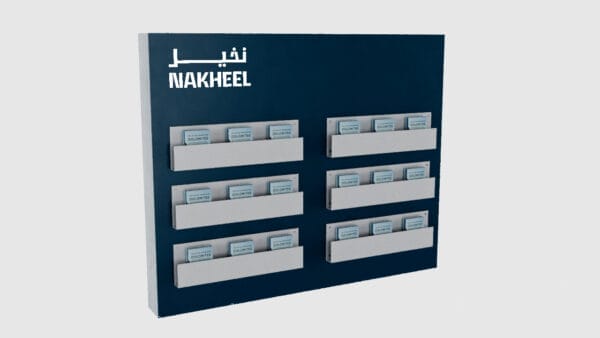 Large brochure wall with print, shelves and logo cutout | 300cm x 180cm